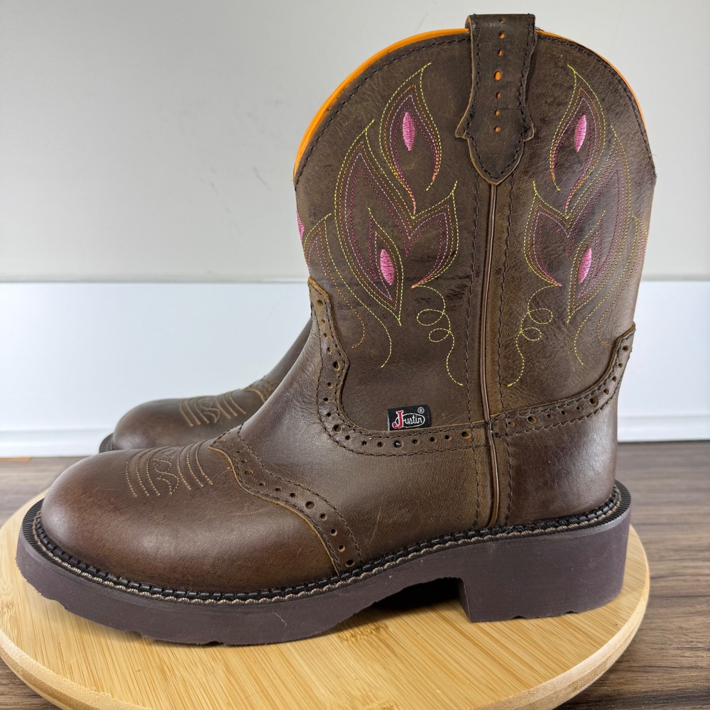 NWT Justin Gypsy Cowgirl Boots Womens 8B Brown Leather Pink Embroidery GY9526 - Picture 3 of 8